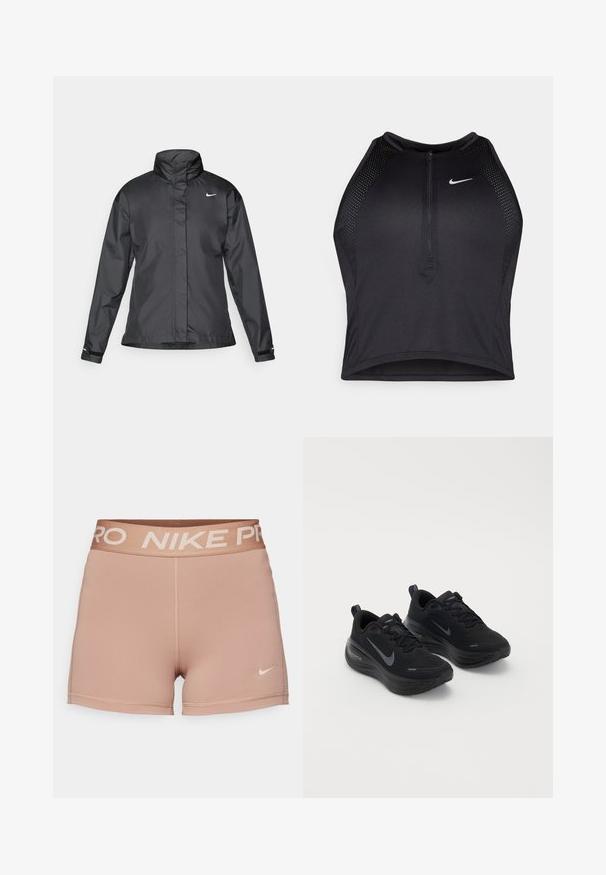 Zwarte windjack met een hoge kraag, volledige rits aan de voorkant en het Nike-logo op de borst; gemaakt van gladde, lichte stof.; Zwarte atletische crop top met een rits aan de voorkant, mesh accenten en een aansluitend ontwerp. Gemaakt van rekbare, ademende stof. Nike-logo aan de voorkant.; Nike Pro shorts, lichtbruin, elastische tailleband met "NIKE PRO" in beige, gladde stof, aansluitend ontwerp, minimale stikseldetails.; Zwarte sportieve schoenen met een textured bovenkant, vetersluiting en een dikke, gevoerde zool. Voorzien van een grijs Nike-logo aan elke kant.