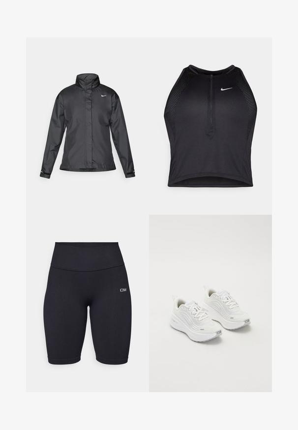 Svarte vindjakke med høy krage, full glidelås foran og Nike-logo på brystet; laget av glatt, lett materiale.; Svart idretts crop top med glidelås foran, mesh-detaljer og en figurvennlig design. Laget av elastisk, pustende materiale. Nike-logo på forsiden.; Sorte ribbede sykkelshorts med høy midje og logoen "ICIW" i hvitt på låret. Stoffet ser mykt og elastisk ut for komfort.; Hvite joggesko med et teksturert mesh-overdel, polstret såle og subtile grå aksenter. Inkluderer merkevare og løkke på hælen for enkel påkledning.