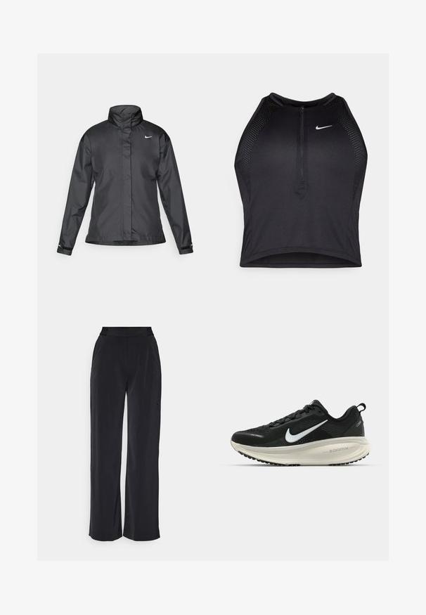 Chaqueta cortavientos negra con cuello alto, cierre frontal de cremallera completa y logo de Nike en el pecho; fabricada con un tejido suave y ligero.; Top corto deportivo negro con cremallera frontal, detalles de malla y un diseño ajustado. Fabricado con tejido elástico y transpirable. Logo de Nike en la parte frontal.; Nike Performance BLISS TROUSER - Pantalones - black; Zapatilla de running Nike negra con parte superior de malla transpirable, logo Swoosh blanco, detalles texturizados y una entresuela ZoomX de color crema.