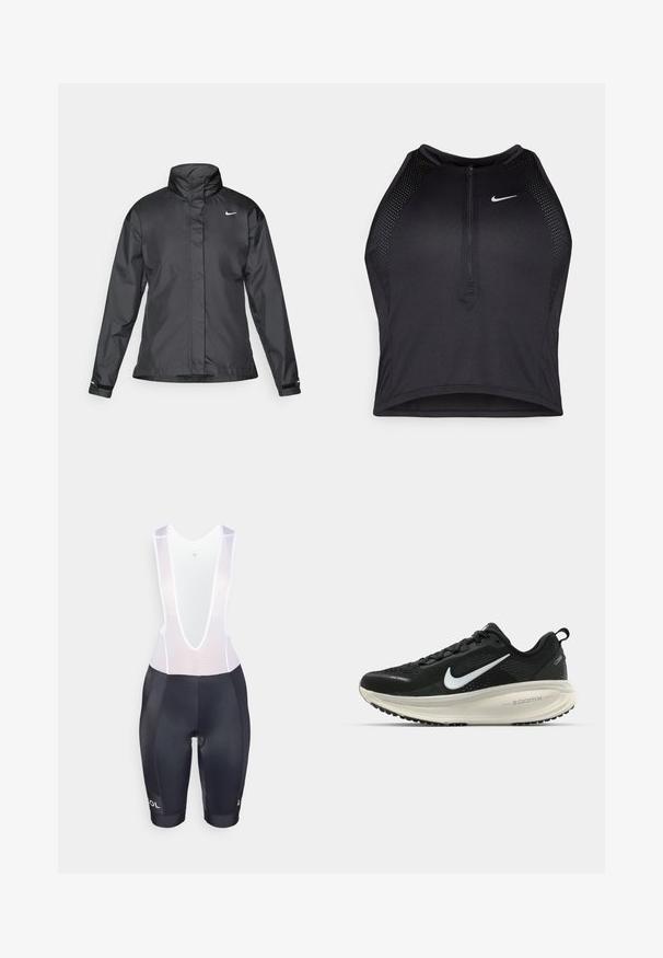 Giacca a vento nera con colletto alto, chiusura full zip e logo Nike sul petto; realizzata in tessuto leggero e liscio.; Top corto atletico nero con zip frontale, dettagli in rete e un design aderente. Realizzato in tessuto elasticizzato e traspirante. Logo Nike sul davanti.; Salopette da ciclismo nera con parte superiore in rete bianca a bassa scollatura, caratterizzata da una trama traspirante e dettagli con logo sull'orlo.; Scarpa da corsa nera Nike con tomaia in rete traspirante, logo Swoosh bianco, dettagli testurizzati e intersuola ZoomX di colore crema.