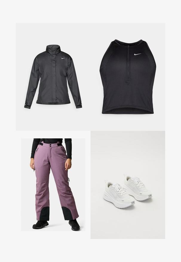 Schwarze Windjacke mit hochgeschlossenem Kragen, durchgehendem Reißverschluss und Nike-Logo auf der Brust; aus glattem, leichtem Material gefertigt.; Schwarzes sportliches Crop-Top mit Reißverschluss vorne, Netz-Akzenten und figurnaher Passform. Hergestellt aus dehnbarem, atmungsaktivem Material. Nike-Logo auf der Vorderseite.; Lila Skihosen mit verstellbaren Trägern, vorderen Knöpfen, Reißverschlusstaschen und schwarzen Akzenten an den Säumen. Entworfen für Winteraktivitäten.; Weiße Sportschuhe mit einem strukturierten Mesh-Obermaterial, gepolsterter Sohle und dezenten grauen Akzenten. Enthält Branding und eine Schlaufe an der Ferse für einfaches Anziehen.