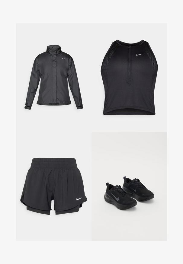 Juoda vėjui atspari striukė su aukštu apykakle, visišku užtrauktuku priekyje ir Nike logotipu krūtinėje; pagaminta iš lygaus, lengvo audinio.; Juodas sportinis trumpas viršus su užtrauktuku priekyje, tinklinėmis detalėmis ir prigludusia forma. Pagamintas iš tamprios, kvėpuojančios medžiagos. Nike logotipas priekyje.; Juodi sportiniai šortai su elastinga juosmena, vidiniu pamušalu ir šoninėmis skeltukais. Kairėje priekyje yra balta Nike logotipo detalė.; Juodos sportinės bateliai su tekstūruotu paviršiumi, raišteliais ir storu, paminkštintu padu. Kiekvienoje pusėje yra šviesiai pilkas Nike logotipas.