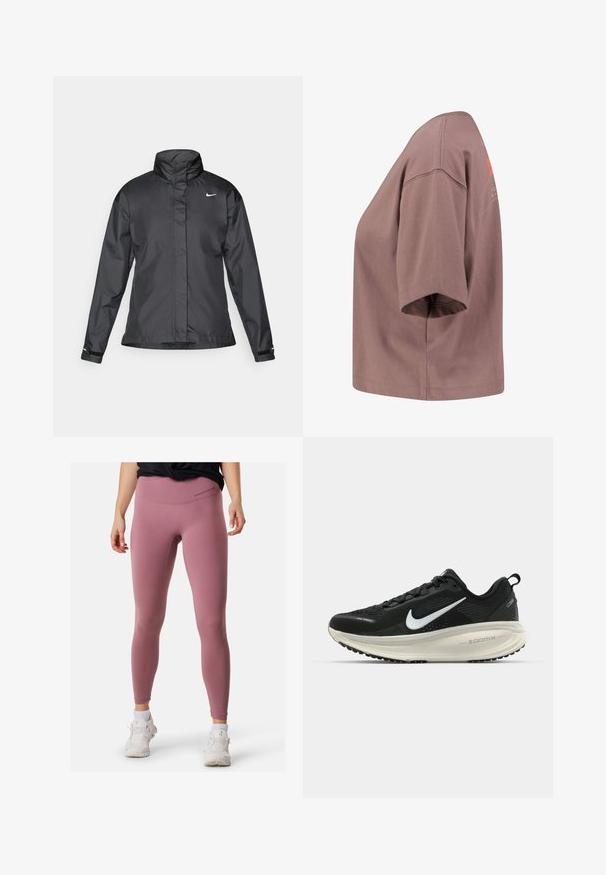 Sort vindjakke med høj krave, fuld lynlås foran og Nike-logo på brystet; lavet af glat, let vævning.; Nike Performance W JORDAN X PARIS ST GERMAIN BOXY GFX  - Klub merchandise - plum eclipse; Lyserøde træningsleggings med høj talje, glat tekstur og minimal syning. Kombineret med hvide sneakers for kontrast.; Sort Nike løbesko med åndbart mesh-overdel, hvidt swoosh-logo, tekstureret detaljering og en cremede ZoomX mellemsål.