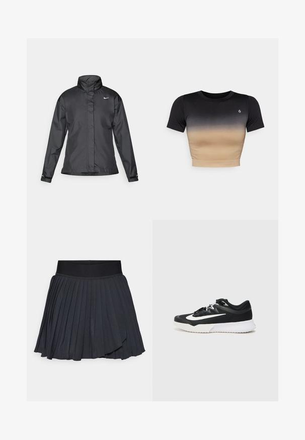 Crna vremenska jakna s visokim ovratnikom, punim zatvaračem sprijeda i Nike logom na grudima; izrađena od glatkog, laganog materijala.; Kratki rukav, kratki top s gradijentnom nijansom od crne do bež. Glatka tekstura, okrugli izrez i suptilan logo na prsima.; Crna plisirana suknja s širokim elastičnim pojasom, izrađena od glatkog materijala s suptilnim sjajem, dužine do koljena s višeslojnim dizajnom.; Crna atletska cipela s bijelim detaljima, s teksturiranim gornjim dijelom, okruglim vrhom, ravnim vezicama i debelim bijelim gumiranim potplatima.