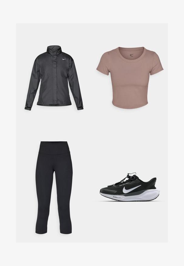 Must mustakate libi, millel on kõrge krae, täispikk tõmblukk ja Nike logo rinnal; valmistatud siledast, kergetest kangast.; Pruun lühikeste varrukatega lühikese lõikega T-särk, mis on valmistatud siledast kangast ja millel on ümar kaelus. Nike logo on trükitud krae sisse.; Mustad mustad õhukesed leggingud, mis on valmistatud venivast kangast, kõrge vöökoha ja siledaga, ilma nähtavate mustrite või metalldetailideta.; Mustad spordijalatsid tekstuurse ülemise osa, kontrastse valge logoga ja pehme valge tallaga. Omab kiirete nööpide süsteemi mugavaks selga panemiseks.