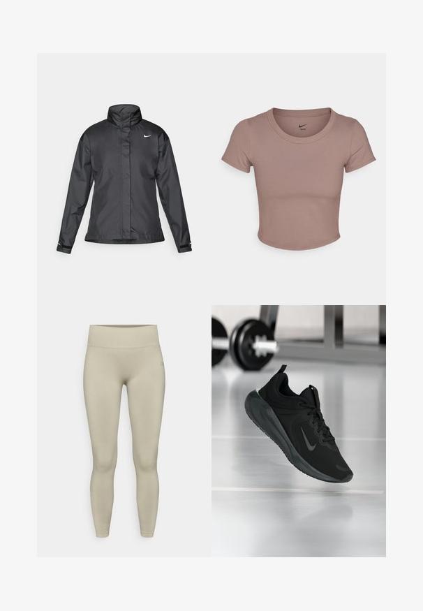 Juoda vėjui atspari striukė su aukštu apykakle, visišku užtrauktuku priekyje ir Nike logotipu krūtinėje; pagaminta iš lygaus, lengvo audinio.; Ruda trumpa marškinėliai, pagaminti iš lygaus audinio, su apvali kaklo linija ir trumpomis rankovėmis. Nike logotipas atspausdintas ant apykaklės vidinės pusės.; Šviesiai smėlio spalvos leggingai su lygia, elastinga tekstūra, aukšta juosmens linija ir priglundančiu siluetu, turintys minimalų prekių ženklo ženklinimą ant juosmens.; Juodas sportinis sportbačiai su Nike logotipu, pavaizduoti ore virš sporto salės grindų, fone išblurinta hantelių laikiklis.