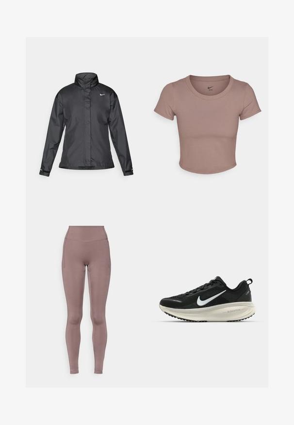 Black windbreaker jacket featuring a high collar, full zip front, and Nike logo on the chest; made of smooth, lightweight fabric.; Brown cropped t-shirt made of smooth fabric, featuring a round neckline and short sleeves. Nike logo printed inside collar.; High-waisted leggings in a soft mauve color, made of stretchy fabric with flat seams and side pockets. Smooth texture and fitted design.; Black Nike running shoe with breathable mesh upper, white swoosh logo, textured detailing, and a cream-colored ZoomX midsole.