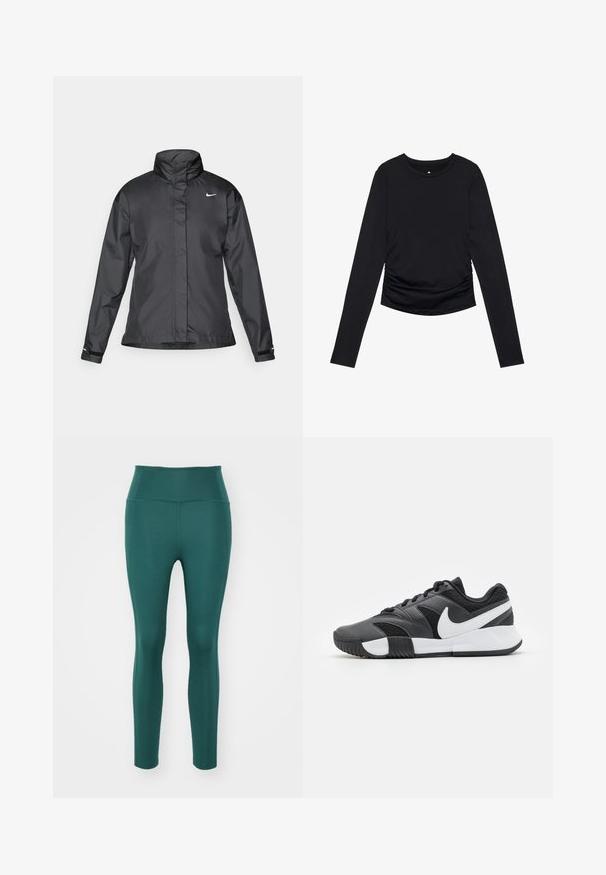 Crna vremenska jakna s visokim ovratnikom, punim zatvaračem sprijeda i Nike logom na grudima; izrađena od glatkog, laganog materijala.; Crna bluzica dugih rukava s okruglim izrezom i naboranim detaljima sa strane, prikazana na jednostavnoj bijeloj pozadini.; Visoke leggings u dubokoj tirkiznoj boji, izrađene od glatkog, rastezljivog materijala. Imaju uski kroj bez vidljivih šavova ili uzoraka.; Crne i sive atletske cipele s teksturiranom gornjom površinom, bijelim logotipom, vezicama i gumenenim potplatom s uzorcima za prianjanje.