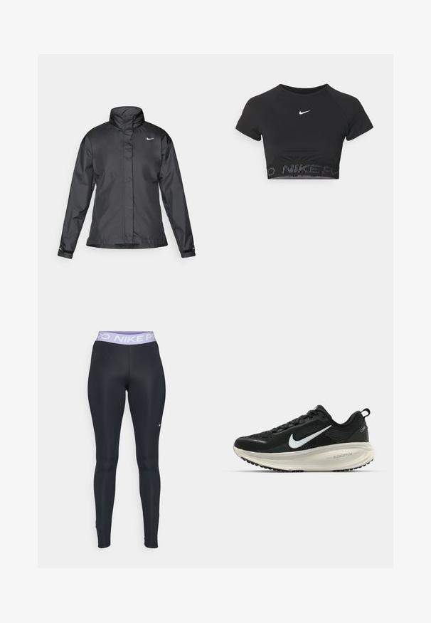Μαύρο αδιάβροχο μπουφάν με ψηλό γιακά, πλήρη φερμουάρ μπροστά και λογότυπο Nike στο στήθος; κατασκευασμένο από λείο, ελαφρύ ύφασμα.; Μαύρο κοντό αθλητικό τοπ με κοντά μανίκια, που διαθέτει λευκό λογότυπο της Nike και μια υφασμάτινη ζώνη με το "NIKE" σε σχέδιο στο στρίφωμα.; Μαύρες αθλητικές κολάν με εφαρμοστό σχέδιο, διαθέτοντας μια ανοιχτό μωβ ζώνη Nike Pro και μικρό λευκό λογότυπο στο κάτω αριστερό μέρος του ποδιού.; Μαύρο αθλητικό παπούτσι Nike με αναπνεύσιμο μανίκι από ύφασμα, λευκό λογότυπο swoosh, ανάγλυφη λεπτομέρεια και μεσαία σόλα ZoomX σε κρέμα απόχρωση.