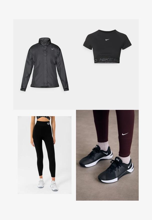 Giacca a vento nera con colletto alto, chiusura full zip e logo Nike sul petto; realizzata in tessuto leggero e liscio.; Top sportivo corto nero con maniche corte, caratterizzato da un logo Nike bianco e da un bordo testurizzato con la scritta "NIKE" in un motivo all'orlo.; Leggings neri a costine con un alto punto vita e un logo, abbinati a sneakers bianche, che mostrano un design aderente e una texture morbida.; Scarpe da ginnastica nere con una tomaia testurizzata e dettagli bianchi, dotate di lacci e un logo laterale. Indossate con leggings bordeaux e calze chiare.