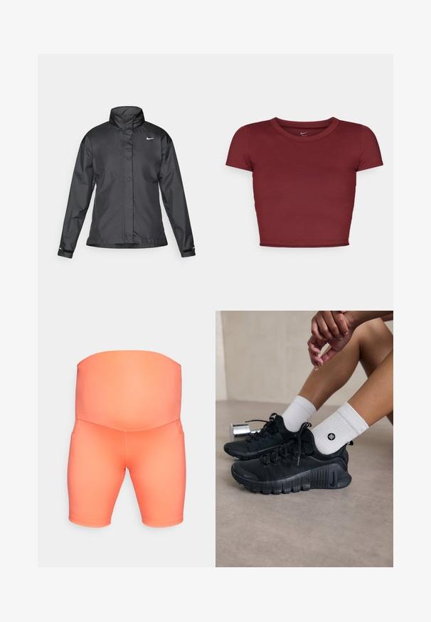 Melnā vēja izturīgā jaka ar augstu apkakli, pilnu rāvējslēdzēju priekšpusē un Nike logo uz krūšu; izgatavota no gludas, vieglas auduma.; Burgundijas krāsas, īsām piedurknēm, īsais tops, izgatavots no gludas auduma ar apaļu dekoltē. Minimalistiskais dizains, bez redzamām logo vai rakstiem.; Maternitātes šorti dzīvā korala krāsā, izgatavoti no gludas, elastīgas auduma, ar augstu jostasvietu un īsām kājām, kurām ir sānu kabatas.; Melnas sporta kurpes ar teksturētu audumu, saistītu dizainu un izteiktu zoli, savienotas ar baltām ribotām zeķēm ar mazu logo.