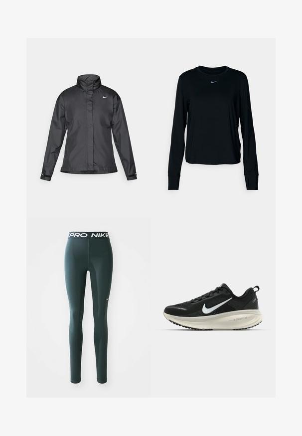 Giacca a vento nera con colletto alto, chiusura full zip e logo Nike sul petto; realizzata in tessuto leggero e liscio.; T-shirt Nike a maniche lunghe nera con scollo rotondo, tessuto morbido, vestibilità regolare e piccolo logo riflettente sul petto.; Leggings verde scuro in materiale elastico, dotati di una cintura ampia con il logo "PRO NIKE" e un piccolo swoosh bianco di Nike sul lato.; Scarpa da corsa nera Nike con tomaia in rete traspirante, logo Swoosh bianco, dettagli testurizzati e intersuola ZoomX di colore crema.