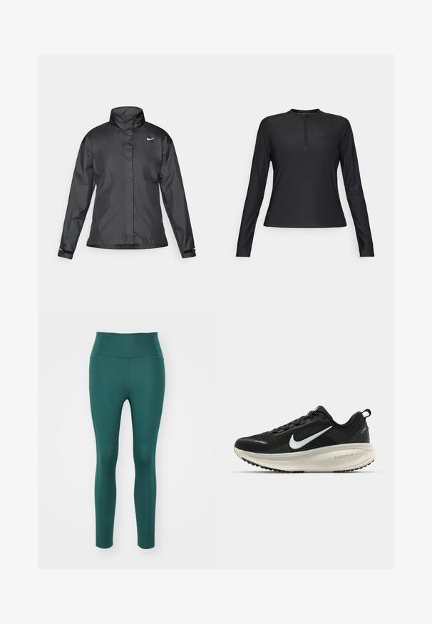 Chaqueta cortavientos negra con cuello alto, cierre frontal de cremallera completa y logo de Nike en el pecho; fabricada con un tejido suave y ligero.; Camisa negra de manga larga fabricada con un material suave y ligero. Cuenta con un escote con cremallera y un logo sutil en el pecho.; Mallas de cintura alta en azul profundo, confeccionadas con una tela suave y elástica. Presentan un diseño ajustado sin costuras ni patrones visibles.; Zapatilla de running Nike negra con parte superior de malla transpirable, logo Swoosh blanco, detalles texturizados y una entresuela ZoomX de color crema.