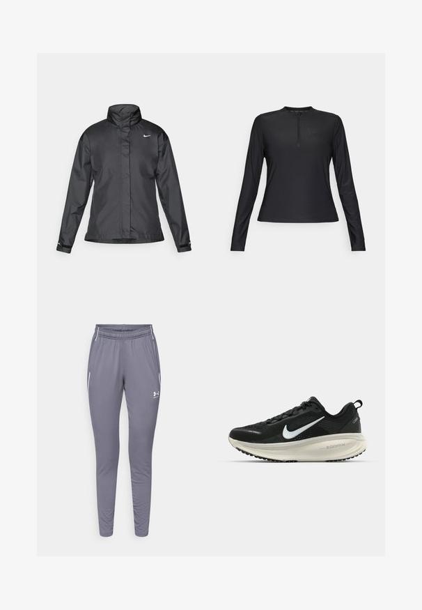 Čierna vetrovka s vysokým golierom, plným zipsom na prednej strane a logom Nike na hrudi; vyrobená z hladkej, ľahkej tkaniny.; Čierna dlhá rukávová košeľa vyrobená z hladkého a ľahkého materiálu. Má zipsový výstrih a decentné logo na hrudi.; Šedé športové nohavice so slim fit strihom, vyrobené z hladkej tkaniny. Obsahujú elastický pás a dve bočné vrecká s bielymi akcentmi.; Čierne bežecké topánky Nike s priedušnou sieťovinou, bielym logom s symbolom swoosh, textúrovanými detailmi a krémovou ZoomX medzipodrážkou.