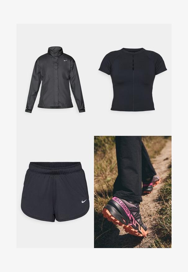 Veste coupe-vent noire avec un col haut, fermeture éclair complète à l'avant et logo Nike sur la poitrine ; fabriquée en tissu lisse et léger.; Haut noir à manches courtes avec un col haut, détail de boutons à l'avant, fabriqué en tissu extensible, avec des manches raglan et des coutures plates.; Shorts de sport noirs en tissu léger et respirant. Dotés d'une taille élastique et d'un logo Nike blanc sur le bas à droite.; Salomon SPEEDCROSS 6 GTX - Chaussures de running - moonscape/black/bird of paradise