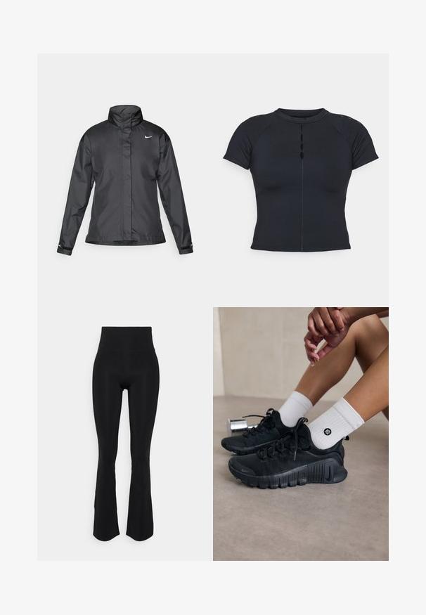 Casaco corta-vento preto com colarinho alto, fecho éclair frontal e logótipo da Nike no peito; feito de um tecido suave e leve.; Top preto de manga curta com gola alta, detalhe de botão na frente, feito de tecido elástico, com mangas raglan e costuras planas.; Leggings pretos de cintura alta e flare feitos de tecido elástico, com uma textura suave e um ajuste justo nas coxas, apresentando uma ligeira abertura à bainha.; Sapatilhas atléticas pretas com tecido texturizado, design com atacadores e uma sola proeminente, emparelhadas com meias brancas com nervuras e um pequeno logótipo.