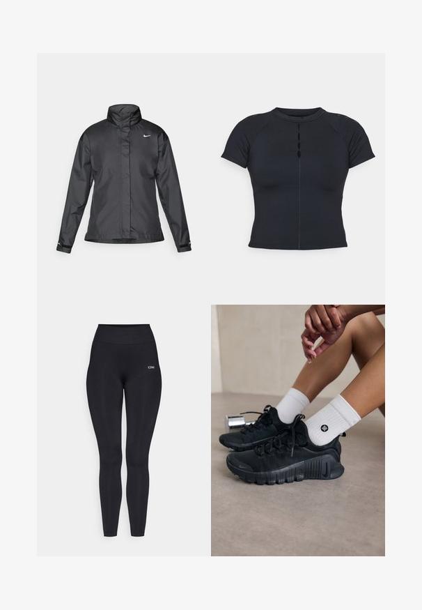 Schwarze Windjacke mit hochgeschlossenem Kragen, durchgehendem Reißverschluss und Nike-Logo auf der Brust; aus glattem, leichtem Material gefertigt.; Schwarzes kurzärmliges Oberteil mit hohem Ausschnitt, Knopfdetails an der Vorderseite, aus dehnbarem Stoff, mit Raglanärmeln und flachen Nähten.; Schwarze Leggings mit einem hohen Bund, aus einem glatten, dehnbaren Stoff hergestellt. Mit einem kleinen Logodetail in der Nähe des Bundes.; Schwarze Sportschuhe aus strukturiertem Stoff, mit Schnürdesign und auffälliger Sohle, kombiniert mit weißen gerippten Socken, die ein kleines Logo tragen.