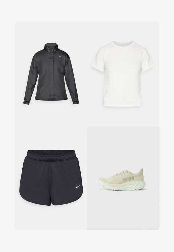 Juoda vėjui atspari striukė su aukštu apykakle, visišku užtrauktuku priekyje ir Nike logotipu krūtinėje; pagaminta iš lygaus, lengvo audinio.; Lengvas baltas marškinėliai trumpomis rankovėmis, apvaliu kaklu ir maža logo viršutiniame kairiajame kampe. Lygus audinys su subtiliu blizgesiu.; Juodos sportinės šortai, pagaminti iš lengvos, kvėpuojančios medžiagos. Turi elastingą juosmenį ir baltą Nike logotipą apatinėje dešinėje pusėje.; Šviesiai kreminiai bėgimo batai su tekstūruota tinklelio viršumi, paminkštintu viduriu ir mėtos žalumos padu. Šone matoma Hoka prekės ženklo žyma.