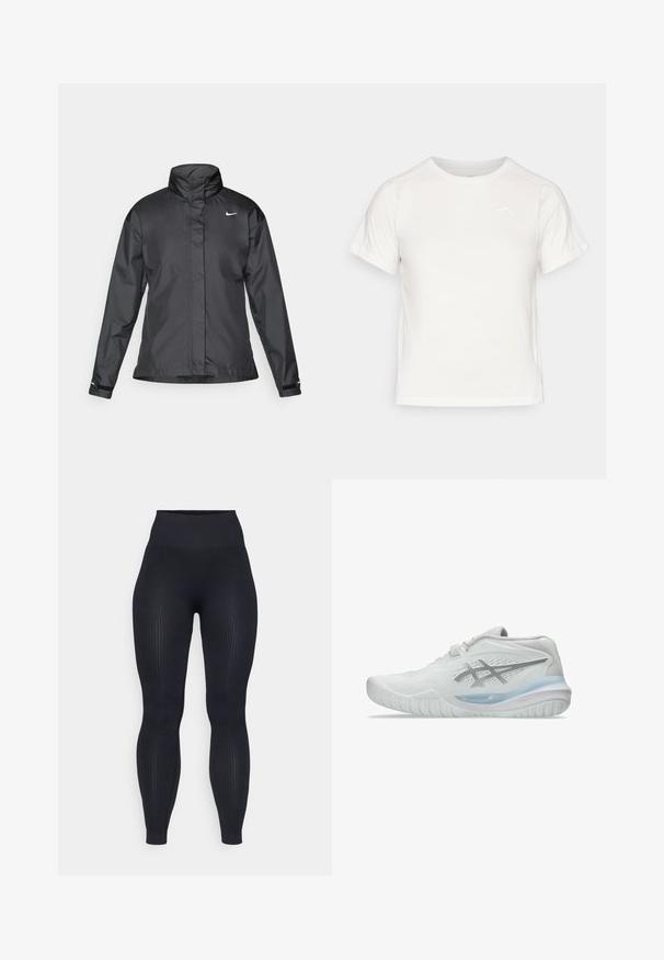Juoda vėjui atspari striukė su aukštu apykakle, visišku užtrauktuku priekyje ir Nike logotipu krūtinėje; pagaminta iš lygaus, lengvo audinio.; Lengvas baltas marškinėliai trumpomis rankovėmis, apvaliu kaklu ir maža logo viršutiniame kairiajame kampe. Lygus audinys su subtiliu blizgesiu.; Juodos suplotos legging'ais su aukštu juosmeniu, pagaminti iš elastingos medžiagos. Pasižymi lygiu paviršiumi su vertikaliomis raštais.; Balti sportiniai batai su tekstūruotu paviršiumi, turintys permatomą mėlyną padą ir subtilų pilką ženklą šone. Suapvalintas pirštas ir žemas profilis.