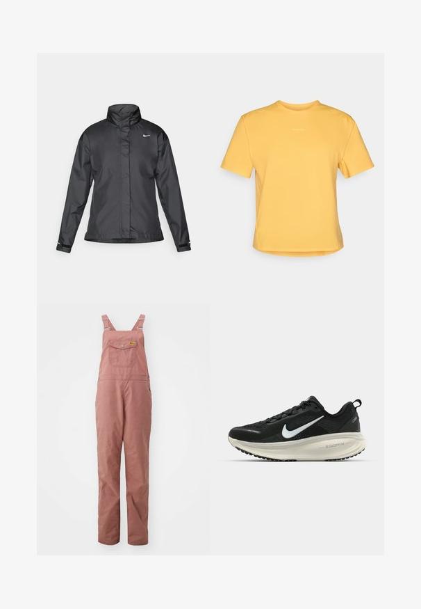 Svarte vindjakke med høy krage, full glidelås foran og Nike-logo på brystet; laget av glatt, lett materiale.; Gul kortermet T-skjorte med rund nakke, laget av mykt stoff. Har en subtil logo på brystet og en rett nederkant.; Fjällräven VARDAG DUNGAREE TROUSERS W - Friluftsbukser - dusty rose; Svart Nike løpesko med pustende mesh-overdel, hvit swoosh-logo, teksturert detaljer og en kremfarget ZoomX mellomsåle.