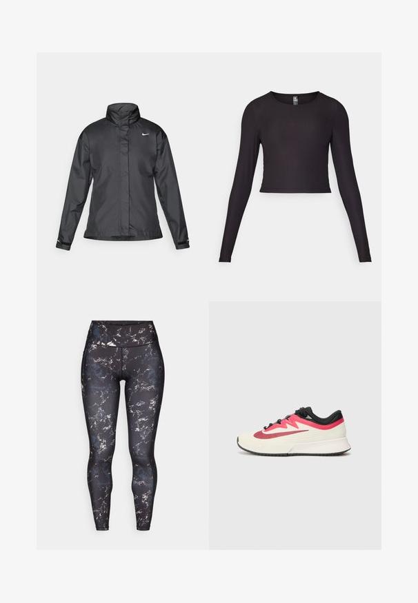 Svarte vindjakke med høy krage, full glidelås foran og Nike-logo på brystet; laget av glatt, lett materiale.; Svart langermet crop-top laget av ribbestrikket stoff. Har rund halslinning og tettsittende silhuett med teksturert overflate.; Høyt liv leggings i svart med et marmorert mønster i dempede farger. Glatt, elastisk materiale med kontrastsøm og ingen synlig maskinvare.; Løpesko med en kremfarget overdel, røde og svarte detaljer, og teksturert overflate. Har svarte snørebånd og en polstret såle for komfort.