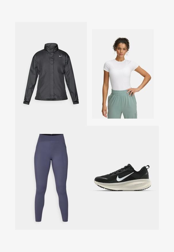 Černý větrový kabát s vysokým límcem, plným zipem vpředu a logem Nike na hrudi; vyrobený z hladké, lehké tkaniny.; Bílá přiléhavá trička s krátkým rukávem, spárované se světlými zelenými kalhotami s elastickým pasem. Hladká textura, minimalistický design a žádné viditelné vzory.; Legíny s vysokým pasem v jednolité tmavě šedé barvě. Vyrobené z elastického materiálu s plochými švy a přiléhavým, zúženým střihem nohavic.; Černá běžecká obuv Nike s prodyšným síťovaným svrškem, bílým logem swoosh, texturovanými detaily a krémovou mezipodešví ZoomX.