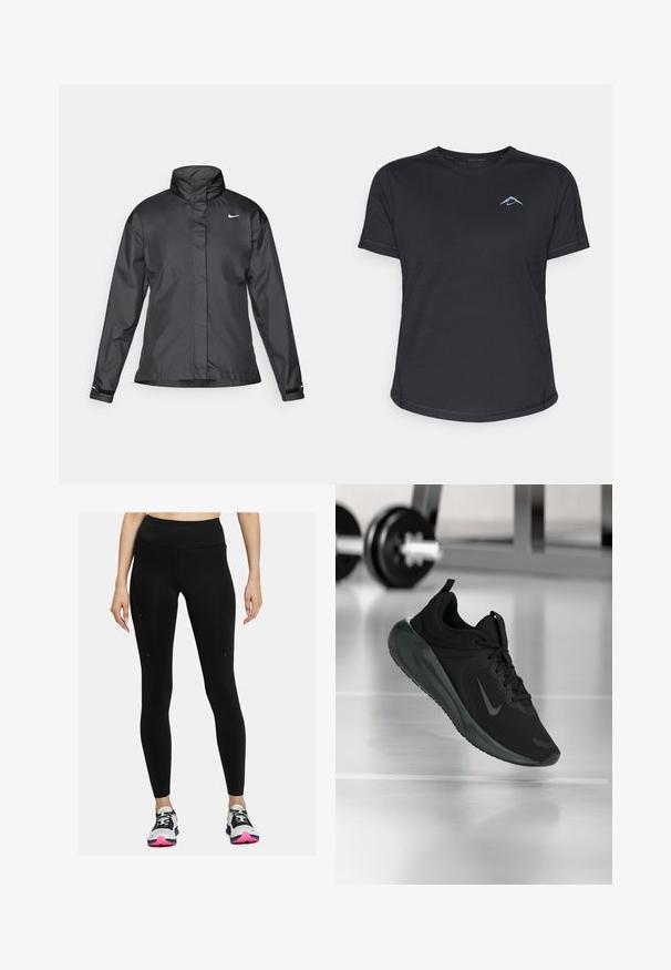 Črna vetrovka z višjim ovratnikom, popolnim zadrgo spredaj in logotipom Nike na prsih; izdelana iz gladkega, lahkega materiala.; Črna majica s kratkimi rokavi športnega stila s krojnim izrezom, gladek material in odsevni modri logotip na levi strani prsnega dela. Šivana obdelava ob šivih.; Črne legice z visokim pasom, gladko teksturo in minimalističnim dizajnom. Imajo stranske žepe in podrobnosti s šivi.; Črne športne teniske z logotipom Nike, prikazane v zraku na telovadni talni površini, v ozadju pa zamegljena vrsta uteži.