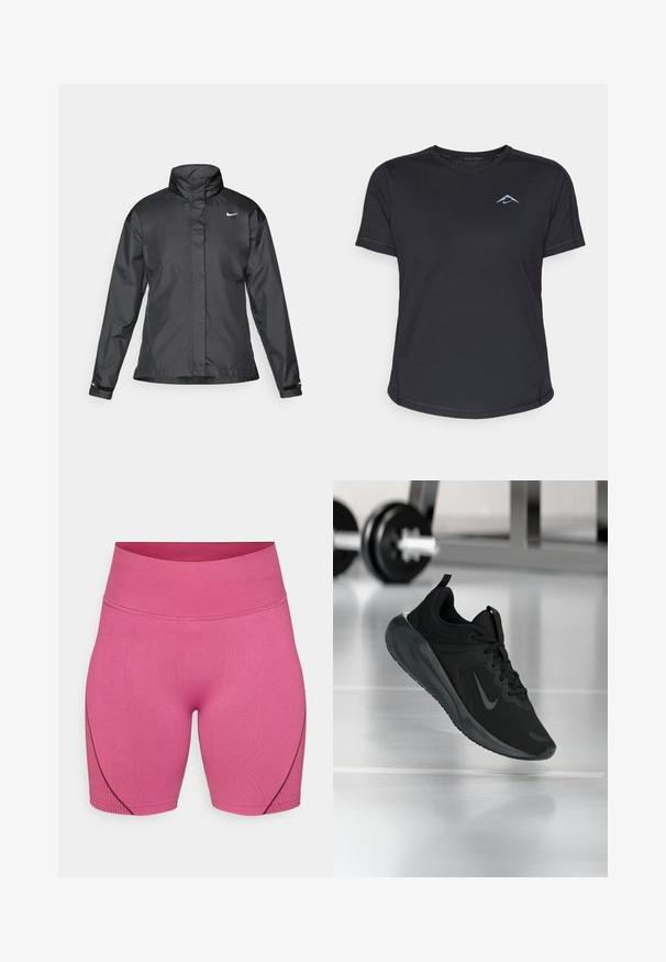 Sort vindjakke med høj krave, fuld lynlås foran og Nike-logo på brystet; lavet af glat, let vævning.; Sort kortærmet atletisk t-shirt med rund halsudskæring, glat stof og reflekterende blåt logo på venstre bryst. Syet detaljering langs sømme.; Lyserøde træningsshorts lavet af strækstof, der har en høj talje og en subtil ribbet tekstur, med kontrasterende mørke sømme på siderne.; Sort sportsko med Nike-logo, vist midt i luften på et gymgulv, med en sløret vægtstang i baggrunden.