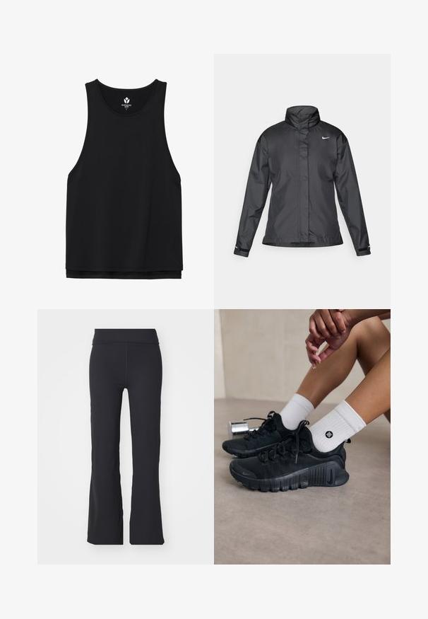 Černý větrový kabát s vysokým límcem, plným zipem vpředu a logem Nike na hrudi; vyrobený z hladké, lehké tkaniny.; Černý bezrukávový top vyrobený z hladké a prodyšné látky, s kulatým výstřihem a uvolněným střihem, s jemným lemem na spodním okraji.; Černé rozšířené kalhoty z elastické tkaniny s vysokým pasem. Mají čisté linie a hladkou texturu, ideální pro každodenní nošení.; Černé sportovní boty s texturovanou látkou, šněrováním a výraznou podrážkou, v kombinaci s bílými žebrovanými ponožkami s malým logem.