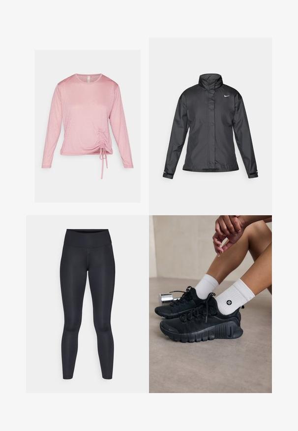 Czarna kurtka przeciwwiatrowa z wysokim kołnierzem, pełnym zamkiem z przodu i logo Nike na piersi; wykonana z gładkiego, lekkiego materiału.; Różowa bluzka z długim rękawem, wykonana z miękkiego materiału, z marszczeniami w talii, które mają regulowane wiązania oraz okrągłym dekoltem.; Czarne legginsy wykonane z gładkiego, elastycznego materiału. Wysoki stan bez widocznych wzorów czy akcentów. Dobrze przylegają od pasa do kostek.; Czarne buty sportowe z teksturowanej tkaniny, z warkoczowym wzorem i wyraźną podeszwą, w zestawie z białymi skarpetami prążkowanymi z małym logo.