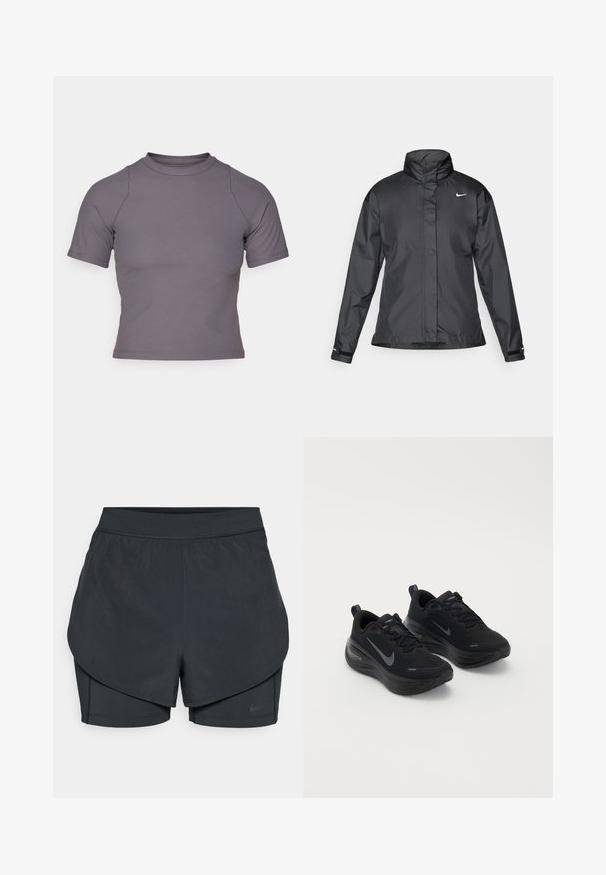 Melnā vēja izturīgā jaka ar augstu apkakli, pilnu rāvējslēdzēju priekšpusē un Nike logo uz krūšu; izgatavota no gludas, vieglas auduma.; Kratka piedurkņu augsta kakla blūze riboto pelēko audumu. Pieguļošs dizains ar plakaniem šuvēm un gludu tekstūru. Nav rakstu vai grafikas.; Melnas sporta šortus ar slāņotu dizainu, kas ietver gludu ārējo slāni un pieguļošus iekšējos šortus. Izgatavoti no viegla, elastīga auduma.; Melnas sporta kurpes ar teksturētu augšdaļu, saišu dizainu un biezu, mīkstu zoli. Katras malas ir pelēks Nike logo.