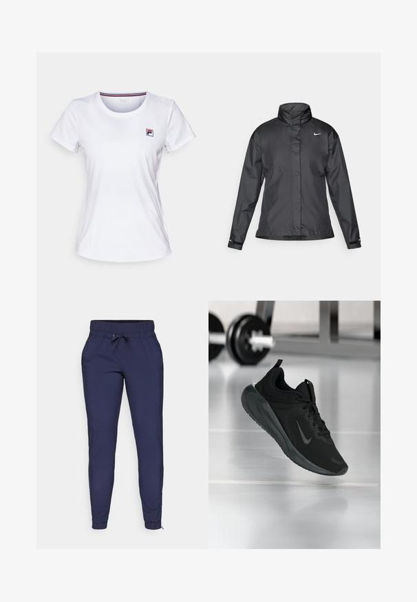 Črna vetrovka z višjim ovratnikom, popolnim zadrgo spredaj in logotipom Nike na prsih; izdelana iz gladkega, lahkega materiala.; Bela kratka majica s kratkimi rokavi, izdelana iz lahkega materiala. Ima okroglo ovratnico in majhen barven logotip na levem prsnem delu. Enostaven dizajn.; Temno modri jogging hlače z elastičnim pasom in nastavljivo vrvico, s tesnjenimi hlačnicami in rebrastimi manšetami na gležnjih. Gladek tekstil.; Črne športne teniske z logotipom Nike, prikazane v zraku na telovadni talni površini, v ozadju pa zamegljena vrsta uteži.