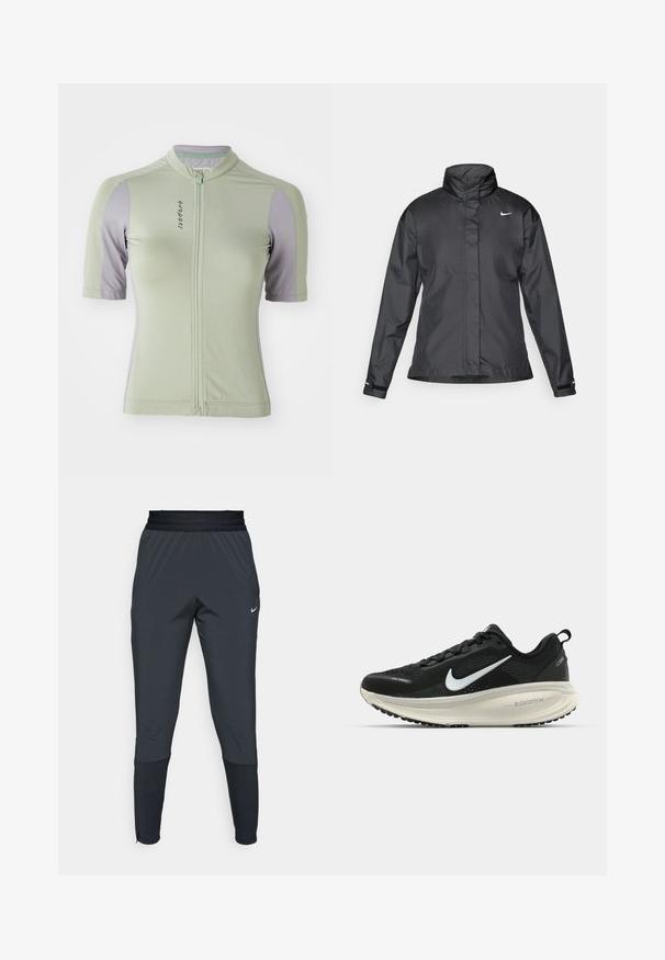 Black windbreaker jacket featuring a high collar, full zip front, and Nike logo on the chest; made of smooth, lightweight fabric.; Short-sleeve cycling jersey in light green with purple accents. Features a front zipper, round collar, and textured fabric.; Nike athletic pants in dark gray, featuring a tapered leg design, elastic waistband, and accent details near the cuffs.; Black Nike running shoe with breathable mesh upper, white swoosh logo, textured detailing, and a cream-colored ZoomX midsole.