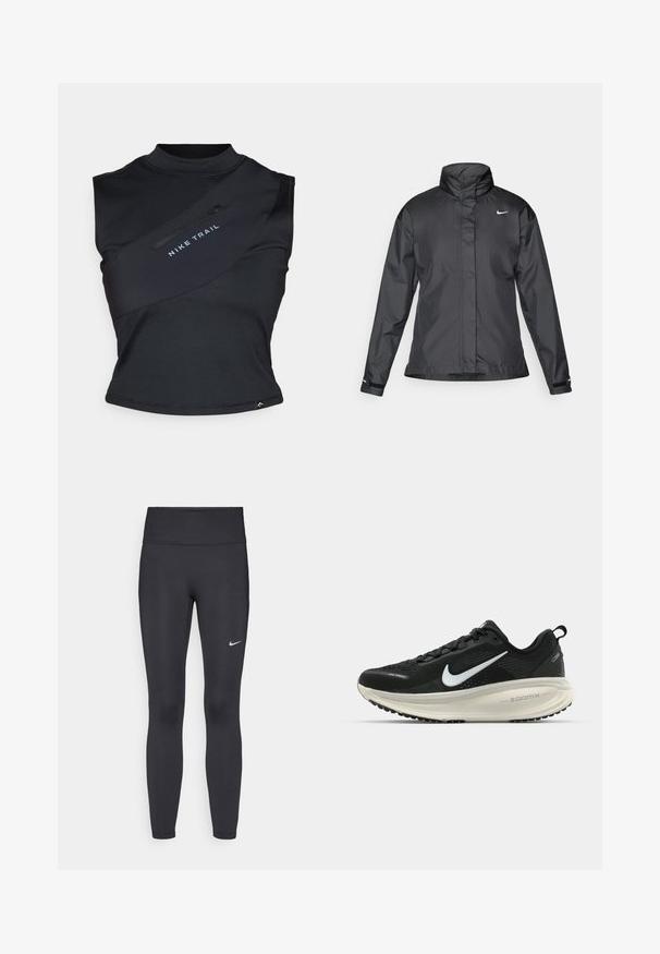 Črna vetrovka z višjim ovratnikom, popolnim zadrgo spredaj in logotipom Nike na prsih; izdelana iz gladkega, lahkega materiala.; Nike Performance TRAIL STORAGE TANK - Top - black/anthracite; Črne legice iz elastične tkanine, z visokim pasom in belim Nike logo na levem stegnu. Gladka tekstura, oblikovno prilegajoč dizajn.; Črne Nike tekaške čevlje z zračno mrežno zgornjim delom, belim logotipom Swoosh, teksturiranimi detajli in smetanasto barvnim srednjim delom ZoomX.