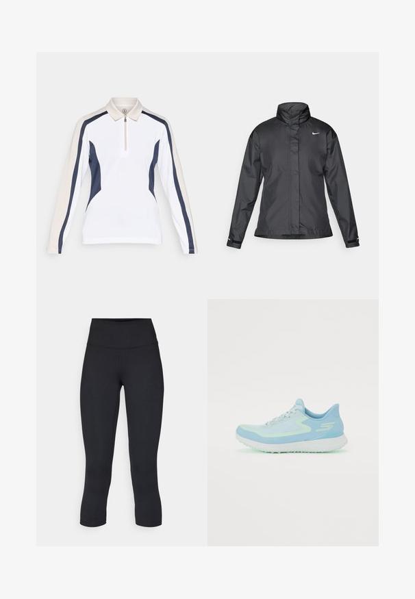Melnā vēja izturīgā jaka ar augstu apkakli, pilnu rāvējslēdzēju priekšpusē un Nike logo uz krūšu; izgatavota no gludas, vieglas auduma.; Ilgajā piedurknē polo krekls ar baltu body, tumši zilu sānu akcentu un gaiši bēšām plecu daļām. Iespējams pielāgot ar rāvējslēdzēja apkakli.; Melnas apgrieztas legingi, izgatavoti no elastīga auduma, ar augstu jostasvietu un gludu tekstūru, bez redzamām rakstu vai aksesuāriem.; Gaiši zila sporta apava ar sietiņa augšdaļu, apaļu purngalu, mīkstu zoli un atstarotājiem. Iespējas ar saistošām auklām un atbalstošu papēdi.