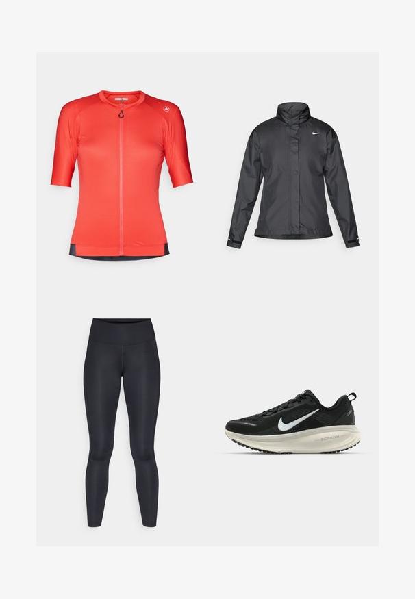 Čierna vetrovka s vysokým golierom, plným zipsom na prednej strane a logom Nike na hrudi; vyrobená z hladkej, ľahkej tkaniny.; Červený cyklistický dres s krátkym rukávom, s predným zipsom, textúrovanou tkaninou a kontrastným čiernym lemovaním. Obsahuje okrúhly golier a detail loga.; Čierne legíny vyrobené z hladkej, elastickej tkaniny. Vysoký pás bez viditeľných vzorov alebo akcentov. Úzke od pásu po členky.; Čierne bežecké topánky Nike s priedušnou sieťovinou, bielym logom s symbolom swoosh, textúrovanými detailmi a krémovou ZoomX medzipodrážkou.
