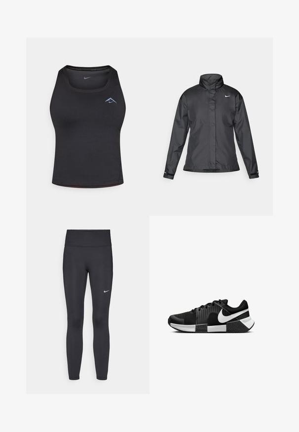 Casaco corta-vento preto com colarinho alto, fecho éclair frontal e logótipo da Nike no peito; feito de um tecido suave e leve.; Camisola atlética preta com decote redondo, feita de tecido elástico. Apresenta um pequeno logótipo azul no peito e um corte justo.; Leggings pretos feitos de tecido elástico, com uma cintura alta e um logo branco da Nike na coxa esquerda. Textura suave, design ajustado ao corpo.; Sapatilhas de corrida pretas com um upper em malha, painel lateral texturizado e detalhes brancos. A sola é dividida com um padrão de tração em borracha.