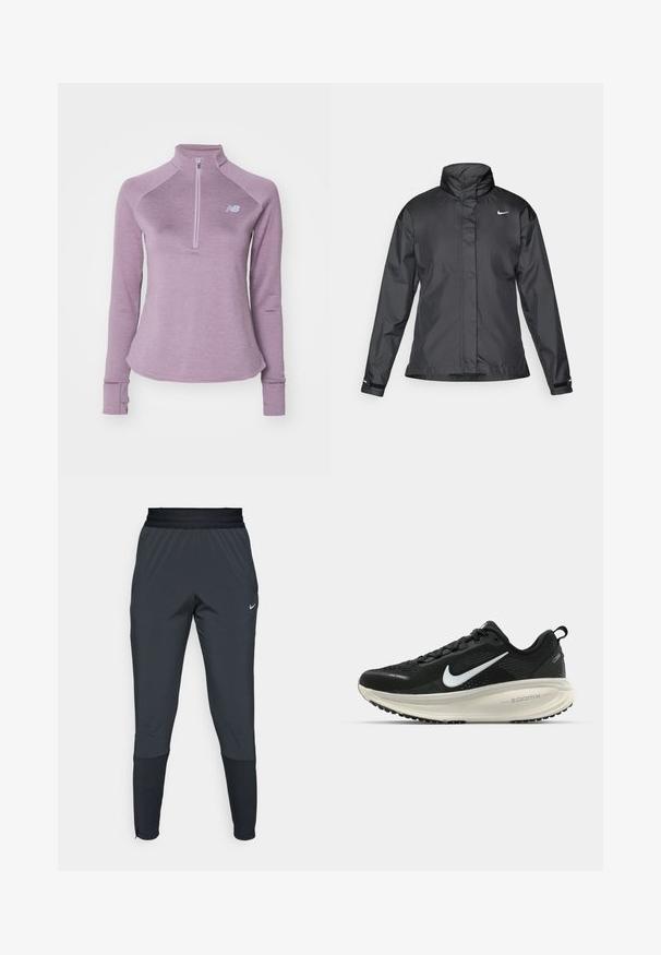 Fekete szélálló dzseki magas gallérral, teljes cipzárral elöl és Nike logóval a mellkason; sima, könnyű anyagból készült.; Hosszú ujjú, világoslila sportpóló félig cipzáras nyakkal. Bordás textúrájú és hüvelykujjlyukakkal rendelkezik a mandzsettákon. A New Balance logója látható.; Nike sportnadrág sötétszürke színben, szűkített lábakkal, rugalmas derékpánttal és díszítésekkel a szárak közelében.; Fekete Nike futócipő légáteresztő hálós felsőrésszel, fehér Swoosh logóval, textúrázott részletekkel és krém színű ZoomX középtalppal.
