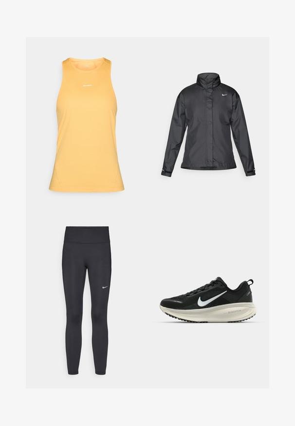 Sort vindjakke med høj krave, fuld lynlås foran og Nike-logo på brystet; lavet af glat, let vævning.; Gul ærmeløs atletisk tanktop lavet af åndbart stof, med rund halsudskæring og et lille logo på forsiden.; Sorte leggings lavet af strækbart stof, med en høj talje og et hvidt Nike-logo på venstre lår. Glat tekstur, tætsiddende design.; Sort Nike løbesko med åndbart mesh-overdel, hvidt swoosh-logo, tekstureret detaljering og en cremede ZoomX mellemsål.