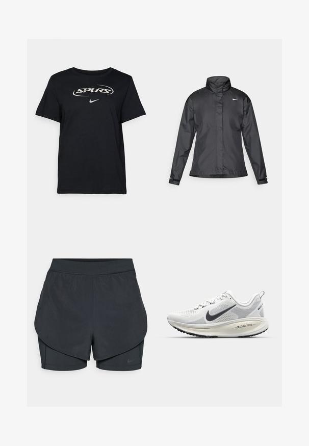 Černý větrový kabát s vysokým límcem, plným zipem vpředu a logem Nike na hrudi; vyrobený z hladké, lehké tkaniny.; Černé bavlněné tričko s bílým logem "SPURS" a malým ikonickým švem Nike na spodním okraji. Krátké rukávy a klasický kulatý výstřih.; Černé sportovní šortky se vrstveným designem, s hladkým vnějším pláštěm a přiléhavými vnitřními šortkami. Vyrobené z lehké, pružné tkaniny.; Nike Performance VOMERO 18 - Silniční běžecké boty - summit white/black/coconut milk