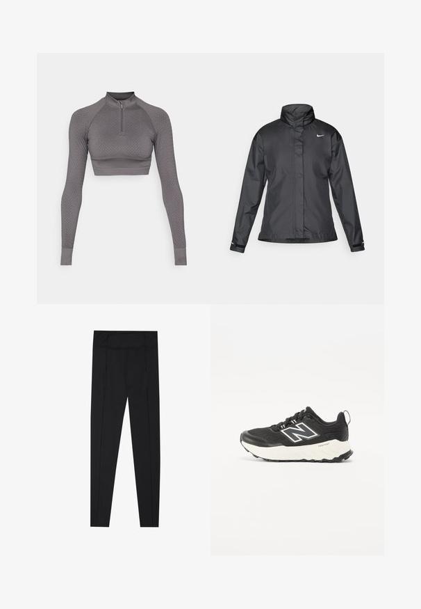 Sort vindjakke med høj krave, fuld lynlås foran og Nike-logo på brystet; lavet af glat, let vævning.; Grå cropped langærmet top med en halv lynlås, tekstureret mønster og tætsiddende design; har ribbede manchetter og høj halsudskæring.; Sorte leggings med en glat tekstur, høj talje og syninger langs siderne. Slim-fit design, velegnet til forskellige aktiviteter.; Sort sportsko med et tekstureret stofoverdel, en kontrasterende hvid mellemsål og et fremtrædende gråt logo på siden. Gummisål med godt greb.