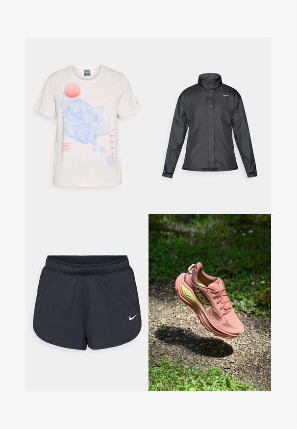 Melnā vēja izturīgā jaka ar augstu apkakli, pilnu rāvējslēdzēju priekšpusē un Nike logo uz krūšu; izgatavota no gludas, vieglas auduma.; Balta kokvilnas T-kreklu ar zilu kontūru grafiku un sarkanu saules attēlu, priekšā ar sarkanu tekstu. Īsas piedurknes, apaļa kakla izgriezums.; Melnas sporta šortus, kas izgatavoti no viegla, elpojoša auduma. Iezīmē elastīga josta un balts Nike logo labajā apakšējā stūrī.; Hoka skriešanas apavi ar rozā sietu augšdaļu un laima akcentiem. Iezīmēti ar mīkstu zoli, noapaļotu formu un teksturētu virsmu labākai saķerei.