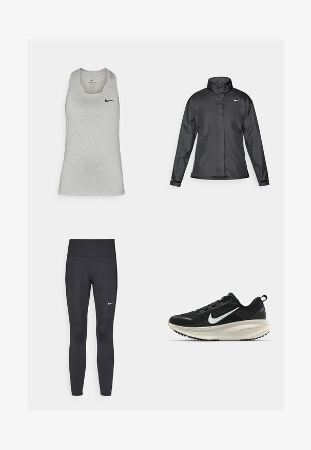 Melnā vēja izturīgā jaka ar augstu apkakli, pilnu rāvējslēdzēju priekšpusē un Nike logo uz krūšu; izgatavota no gludas, vieglas auduma.; Gaiši pelēks bez piedurknēm sporta topiņš, izgatavots no mīksta auduma, ar apaļu kakla izgriezumu un mazu melnu Nike logotipu kreisajā krūtī.; Melnas legingi, izgatavoti no elastīga auduma, ar augstu jostu un baltu Nike logotipu kreisajā augšstilbā. Gluda tekstūra, piegulošs dizains.; Melnas Nike skriešanas kurpes ar elpojošu acs augšdaļu, baltu Swoosh logotipu, strukturētu apdari un krēmkrāsas ZoomX starpsole.