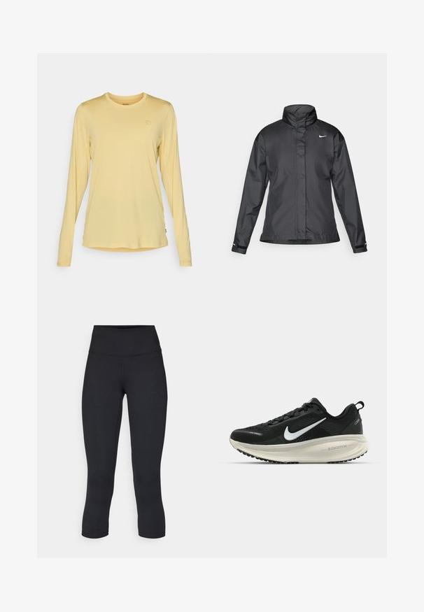 Svarte vindjakke med høy krage, full glidelås foran og Nike-logo på brystet; laget av glatt, lett materiale.; Langermet skjorte i lys gul, laget av mykt stoff. Har rund halsutringning og subtil logo detalj på brystet. Jevn tekstur.; Sorte, cropped leggings laget av elastisk stoff, med høy midje og glatt tekstur, uten synlige mønstre eller detaljer.; Svart Nike løpesko med pustende mesh-overdel, hvit swoosh-logo, teksturert detaljer og en kremfarget ZoomX mellomsåle.