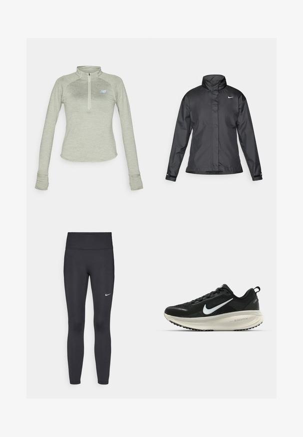 Casaco corta-vento preto com colarinho alto, fecho éclair frontal e logótipo da Nike no peito; feito de um tecido suave e leve.; New Balance ATHLETICS GRID 1/2 ZIP - Camisola de manga comprida - garter snake heather; Leggings pretos feitos de tecido elástico, com uma cintura alta e um logo branco da Nike na coxa esquerda. Textura suave, design ajustado ao corpo.; Sapatilha de corrida Nike preta com parte superior de malha respirável, logotipo Swoosh branco, detalhes texturizados e uma entressola ZoomX na cor creme.