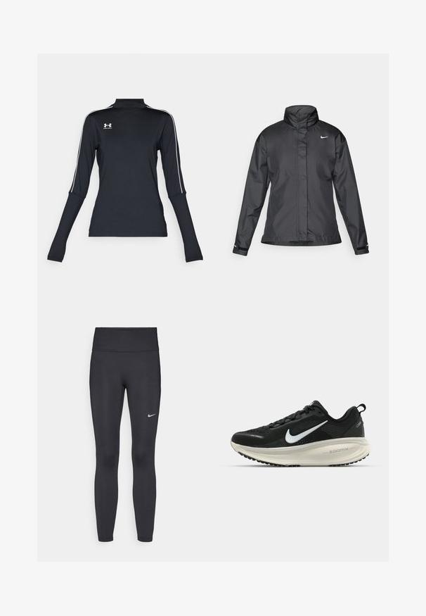 Černý větrový kabát s vysokým límcem, plným zipem vpředu a logem Nike na hrudi; vyrobený z hladké, lehké tkaniny.; Černý dlouhý rukáv sportovní top s vysokým límcem, s bílými bočními pruhy a malým logem na levém horním prsu. Měkká, elastická tkanina.; Černé legíny vyrobené z elastického materiálu, s vysokým pasem a bílým logem Nike na levém stehně. Hladká textura, přiléhavý střih.; Černá běžecká obuv Nike s prodyšným síťovaným svrškem, bílým logem swoosh, texturovanými detaily a krémovou mezipodešví ZoomX.