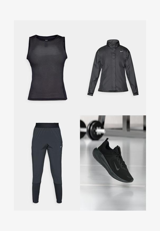 Černý větrový kabát s vysokým límcem, plným zipem vpředu a logem Nike na hrudi; vyrobený z hladké, lehké tkaniny.; Černý bezrukávový výkonový top vyrobený z texturované síťoviny. Má kulatý výstřih, přiléhavý střih a minimální švy.; Nike sportovní kalhoty v tmavě šedé barvě, s tapered nohavicemi, elastickým pasem a akcentními detaily poblíž manžet.; Černé sportovní tenisky s logem Nike, zobrazené ve vzduchu na podlaze tělocvičny, s rozostřeným regálem s činkami na pozadí.