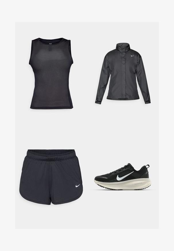 Jachetă neagră tip windbreaker cu guler înalt, fermoar înaintat și logo Nike pe piept; fabricată dintr-un material neted și ușor.; Top de performanță fără mâneci, de culoare neagră, realizat dintr-un material texturat din plasă. Dispune de o guler rotund, un design ajustat și detalii de cusătură minimale.; Pantaloni scurți atletici negri, confecționați dintr-un material ușor și respirabil. Prezintă un brâu elastic și logo-ul alb Nike în colțul din dreapta jos.; Pantofii de alergare negri de la Nike, cu parte superioară din plasă respirabilă, logo-ul alb Swoosh, detalii texturate și o talpă intermediară ZoomX de culoare crem.