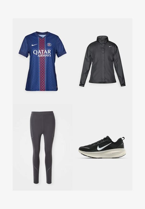 Giacca a vento nera con colletto alto, chiusura full zip e logo Nike sul petto; realizzata in tessuto leggero e liscio.; Maglietta da calcio del Paris Saint-Germain in blu con motivi geometrici rossi e bianchi, dotata di colletto rotondo, maniche corte e logo sul petto.; Leggings atletici neri realizzati in tessuto elasticizzato, con sottili accenti grigi, pannelli laterali e motivi perforati alle caviglie.; Scarpa da corsa nera Nike con tomaia in rete traspirante, logo Swoosh bianco, dettagli testurizzati e intersuola ZoomX di colore crema.