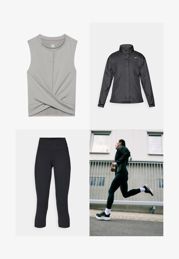 Sort vindjakke med høj krave, fuld lynlås foran og Nike-logo på brystet; lavet af glat, let vævning.; Grå ærmeløs top med rund halsudskæring, der har et twist-design i fronten og flade sømme for komfort. Blødt, strækbart stof.; Sorte cropped leggings lavet af stretchy materiale, med en høj talje og blød tekstur, uden synlige mønstre eller hardware.; Sort atletisk jakke med neonlys, sorte leggings og sorte løbesko med hvide såler, sat mod en lys grå baggrund.